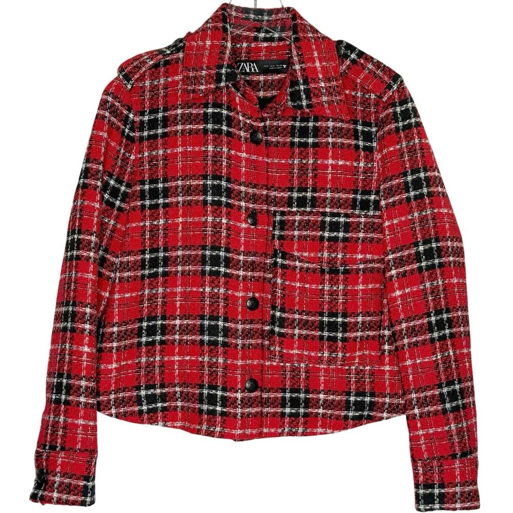 Zara Short Textured Weave Overshirt Jacket Blazer S Red Plaid Tweed Blogger Fav